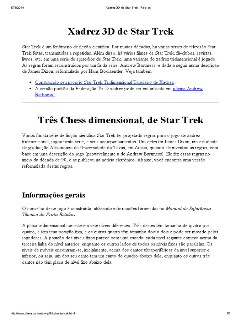 Xadrez 3D de Star Trek - Regras, PDF, Jornada nas Estrelas